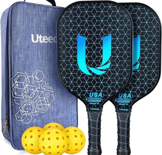 Uteeqe Pickleball Paddles Set, 2 Pickleball paddles, 4 pickleballs and a carry bag