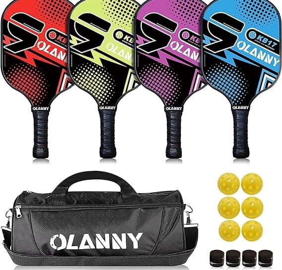 OLANNY Pickleball Set - 4 Multi-colored paddles, 6 Pickleballs, 4 towels and a Pickleball carry bag