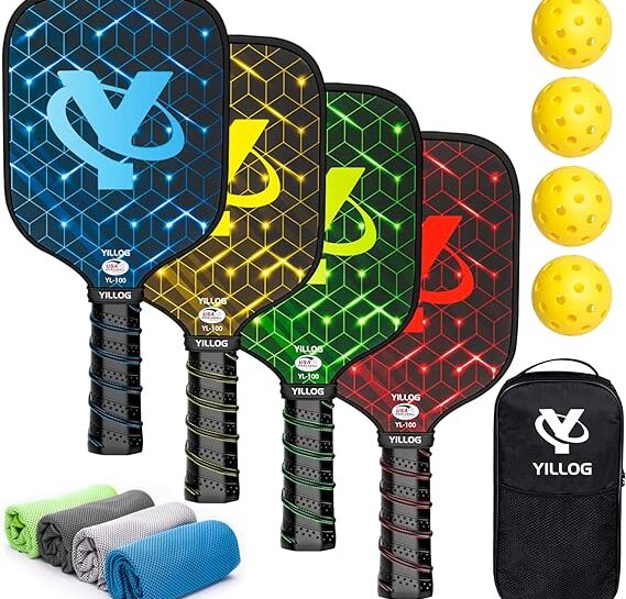 YILLOG Pickleball Paddle Set of 4 multi-colored paddles, 4 Pickleball Balls, 4 Cooling Towels, Pickleball Bag