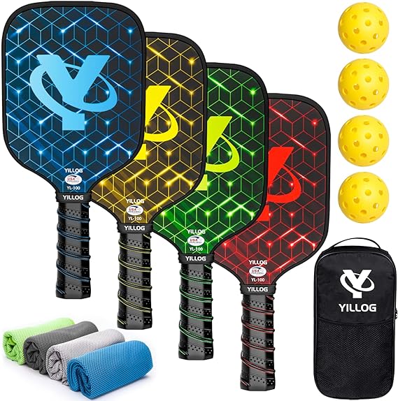 YILLOG Pickleball Paddle Set of 4 multi-colored paddles, 4 Pickleball Balls, 4 Cooling Towels, Pickleball Bag