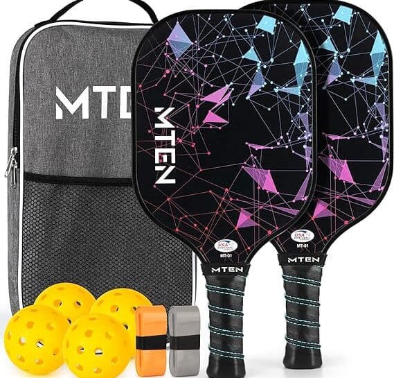 MTEN Pickleball Set - Two MTEN Pickleball Paddles, 4 Pickleballs, two paddle grips and a Pickleball carry bag