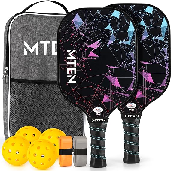 MTEN Pickleball Set - Two MTEN Pickleball Paddles, 4 Pickleballs, two paddle grips and a Pickleball carry bag