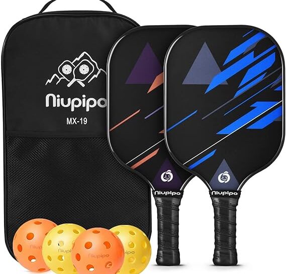 Niupipo Pickleball paddle set - 2 multi-colored paddles, 4 balls, a bag and 2 tape grips