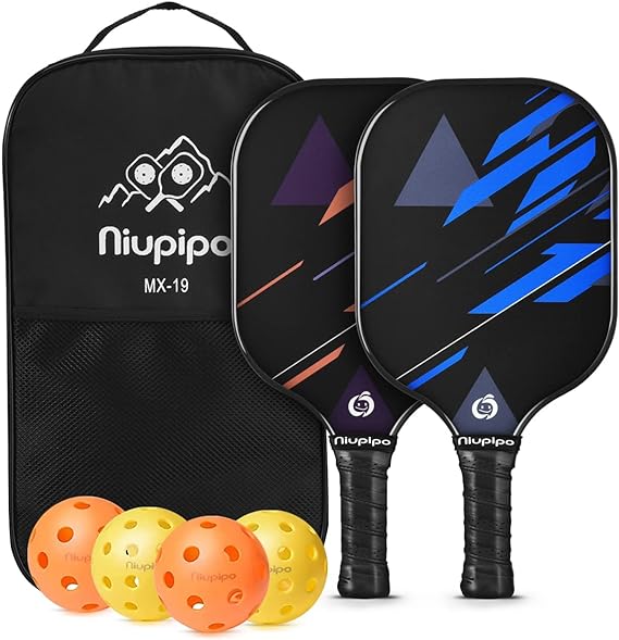 Niupipo Pickleball paddle set - 2 multi-colored paddles, 4 balls, a bag and 2 tape grips