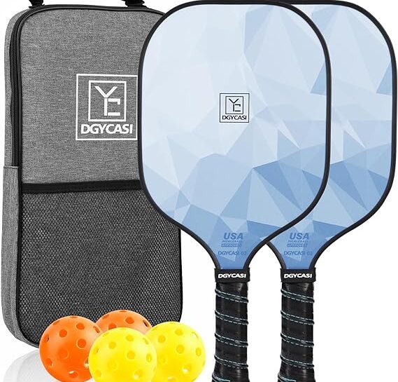 YC DGYCASI Pickleball Paddle Set - 2 blue paddles, a carry bag and 4 pickleballs