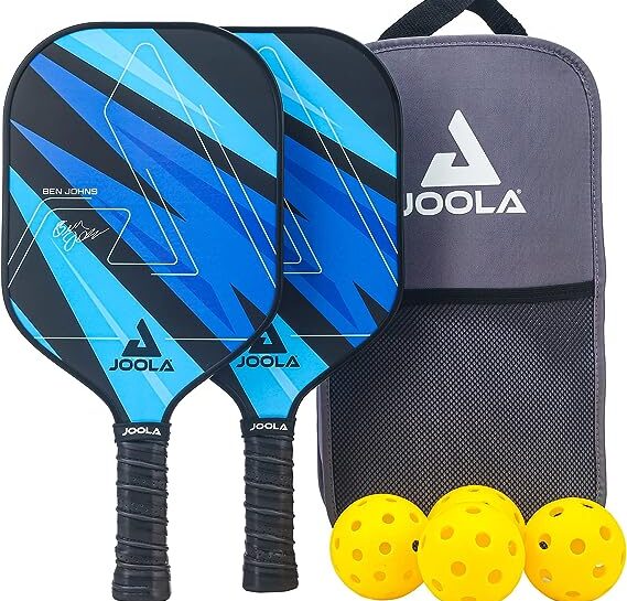 JOOLA Ben Johns Pickleball Set - 2 Blue lightning paddles, 2 indoor balls, 2 outdoor balls and a carry bag