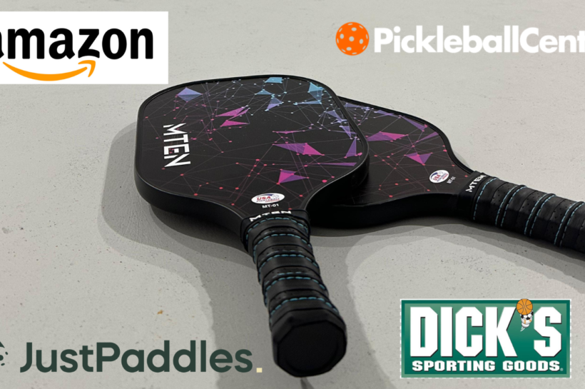 A cover image for Where to buy pickleballl paddles with the logo of the stores and two MTen paddles