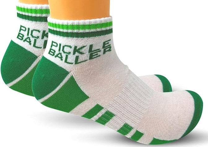 Green and white Pickleballer socks a best pickleball christmas gift.