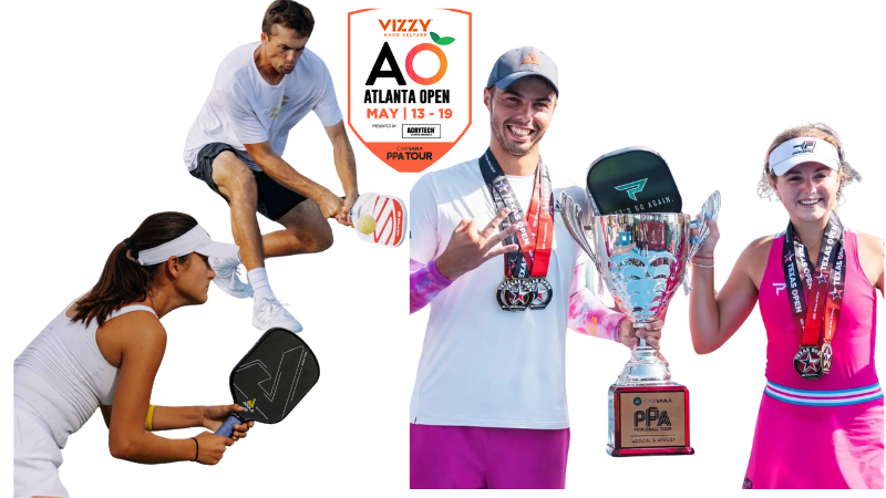 Vizzy Open Atlanta 2024 Mixed Doubles winners: Ben Johns with a white shirt and piink shorts on the right with his partner Anna Leigh Waters on the right with a pink dress. Ignatowich and Bright on the left both wearing white.