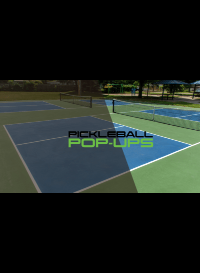 Pickleball Pop-Ups logo with a court and a net in the background.