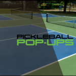 Pickleball Pop-Ups logo with a court and a net in the background.