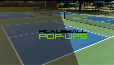 Pickleball Pop-Ups logo with a court and a net in the background.