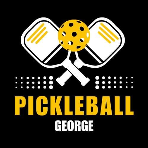 Pickleball George south africa logo with a black background, two white paddles and a yellow outdoor ball.