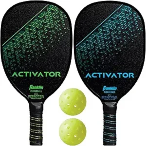 Franklin Activator pickleball sets with a green and blue paddle and 2 yellow balls.